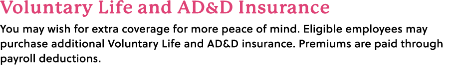 Voluntary Life and AD&D Insurance You may wish for extra coverage for more peace of mind. Eligible employees may purc...