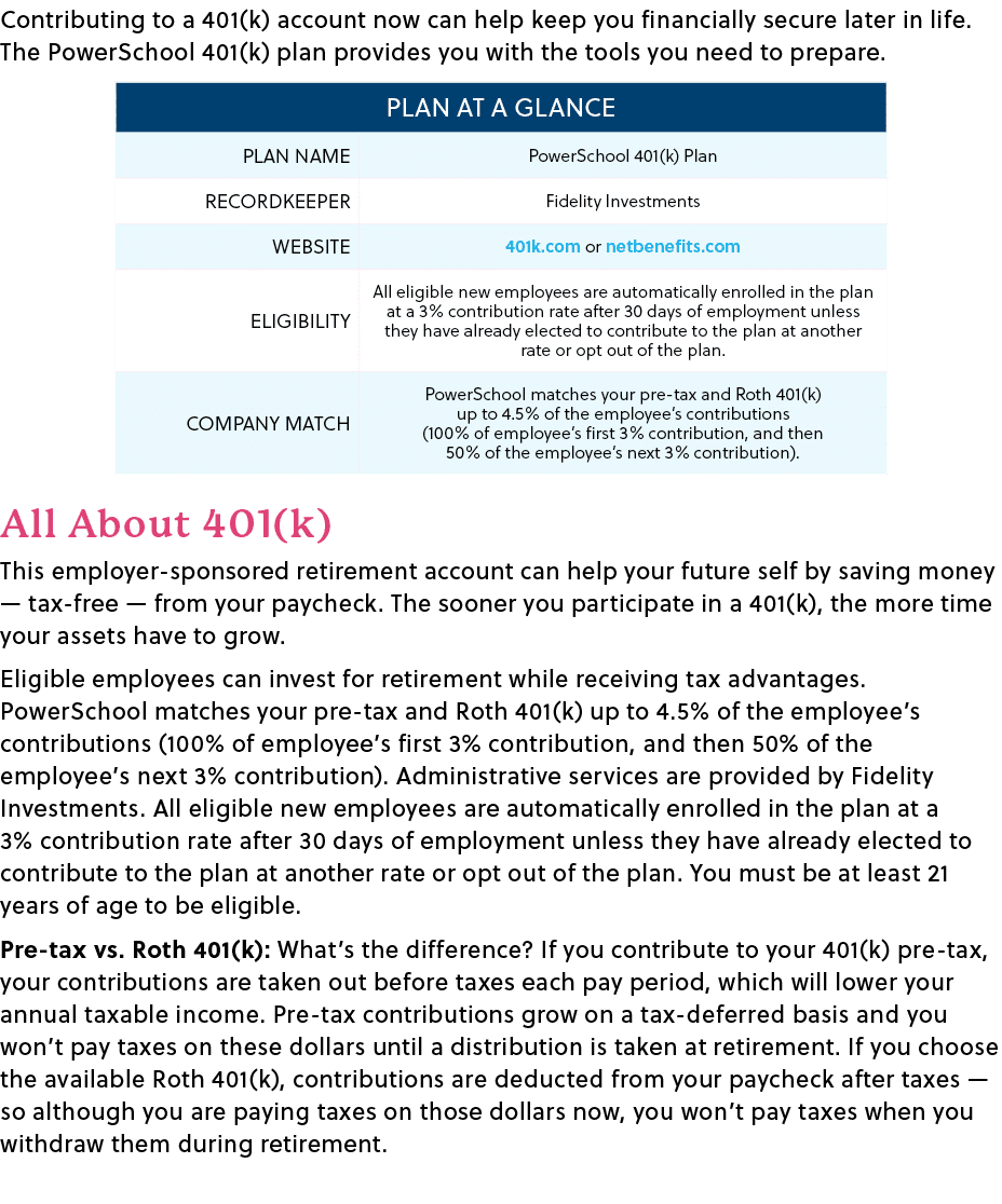Contributing to a 401(k) account now can help keep you financially secure later in life. The PowerSchool 401(k) plan ...